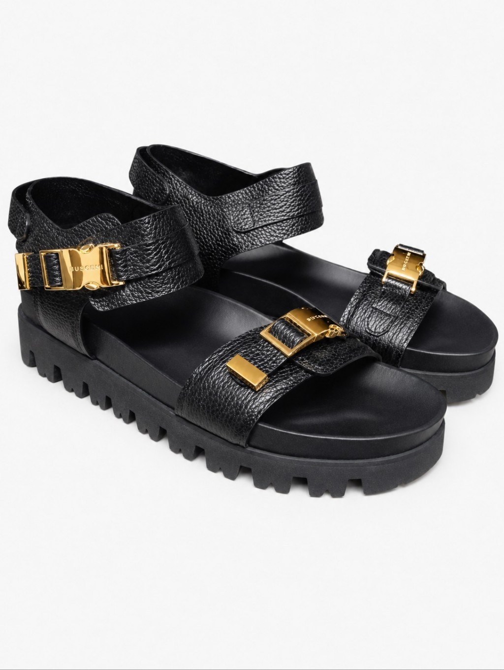 Buscemi | Nwot Black Leather Lug Sole Sandals Gold Buckle Eu 48 Us 15